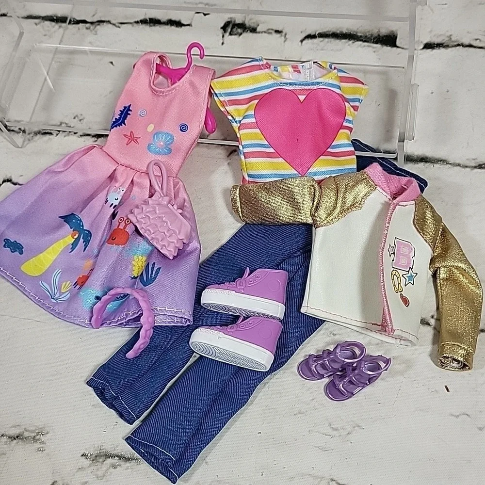 Barbie Doll Clothes Lot‎ Outfits Party Dress Striped Top Shoes Purple Headband